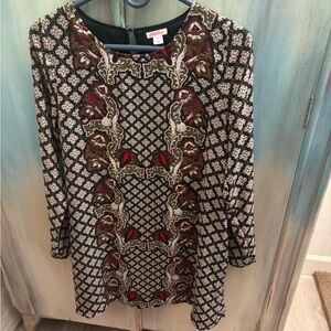 Xhilaration SmPetite Black Dress or Tunic with Red and Olive Print